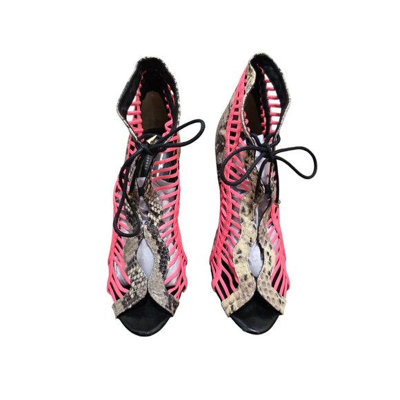 Ted Baker London Neon Pink & Snakeskin Lace-Up Open Toe Heels Size 37.5 - Picture 1 of 15